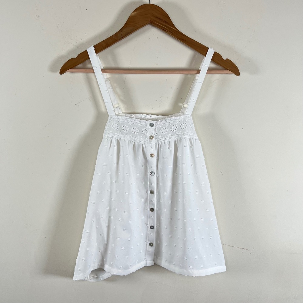 Laura Ashley Tank Top Eyelet Lace Trim White Faux Button Up Adjustable Small